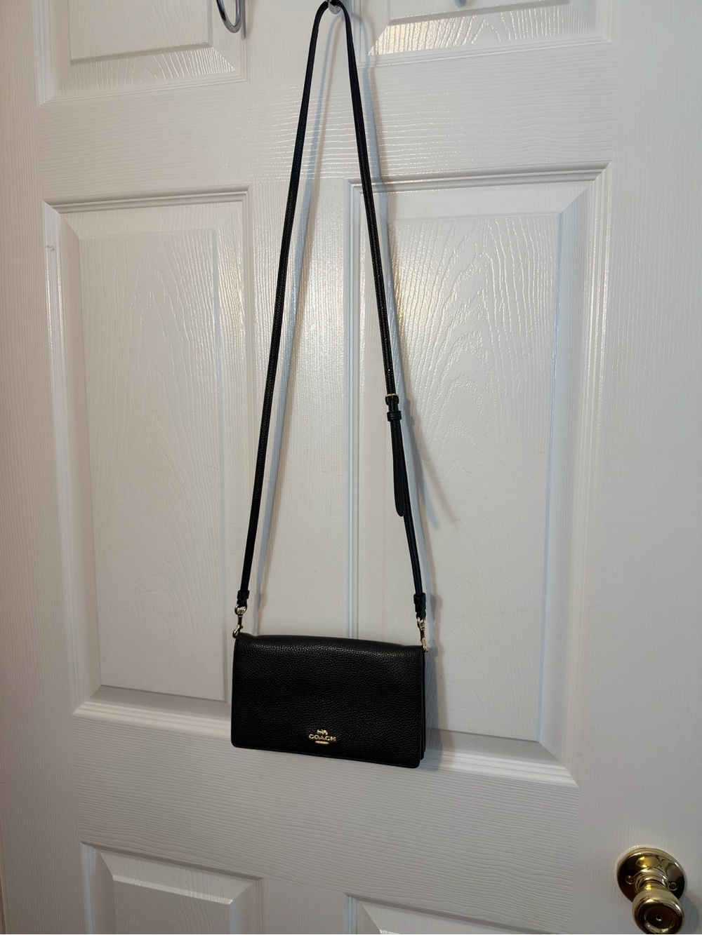 Coach Black Pebbled Leather Crossbody Wallet with Gold Logo